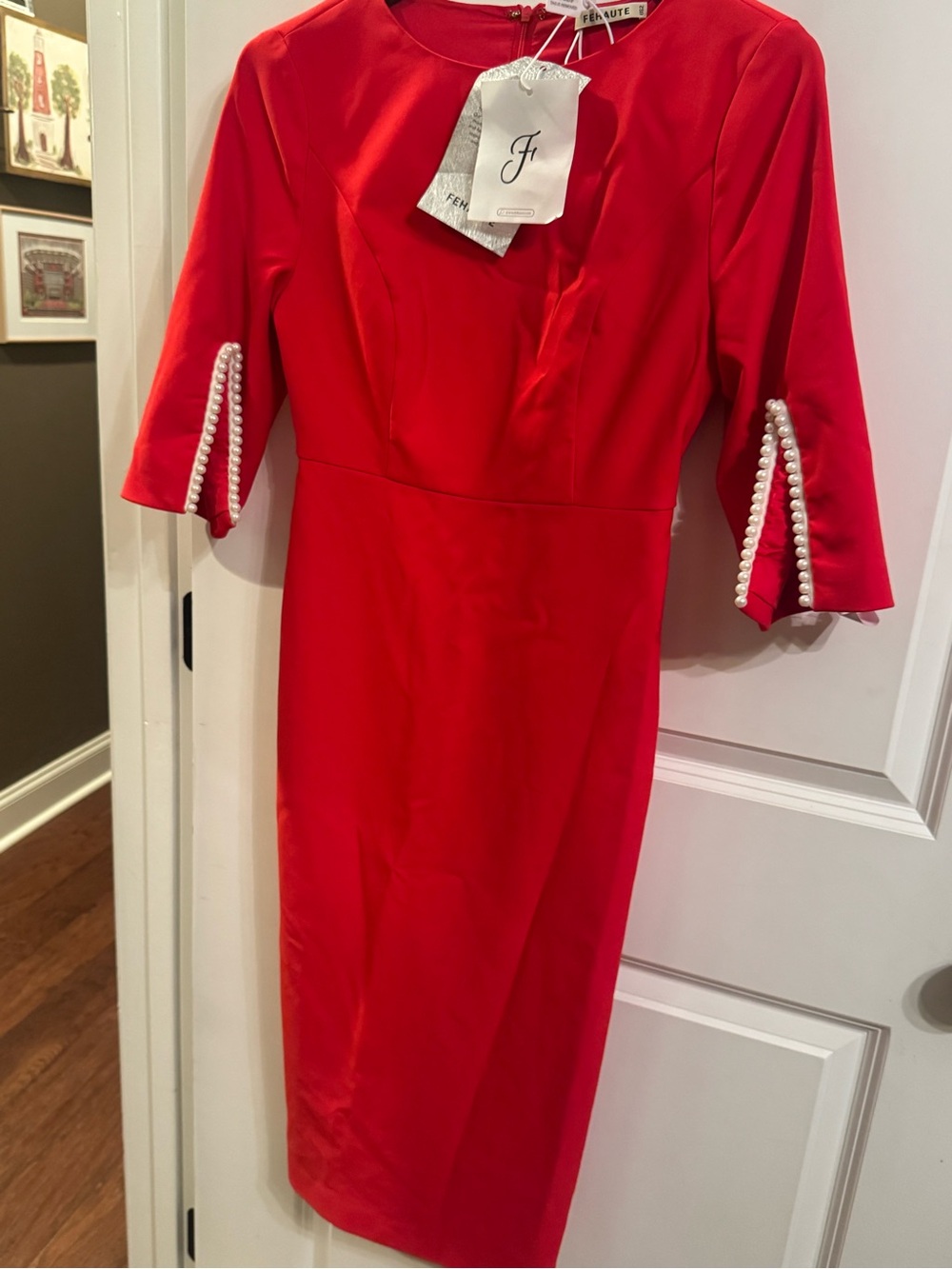 Red Pearl-Trim Midi Dress by Fenn Wright Manson